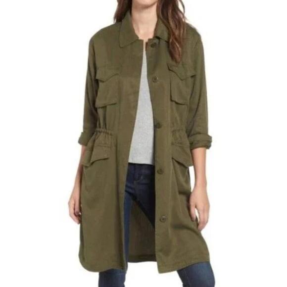 BB Dakota Averie Army Olive Green Button Down Long Duster Coat XS $125 - Picture 1 of 9